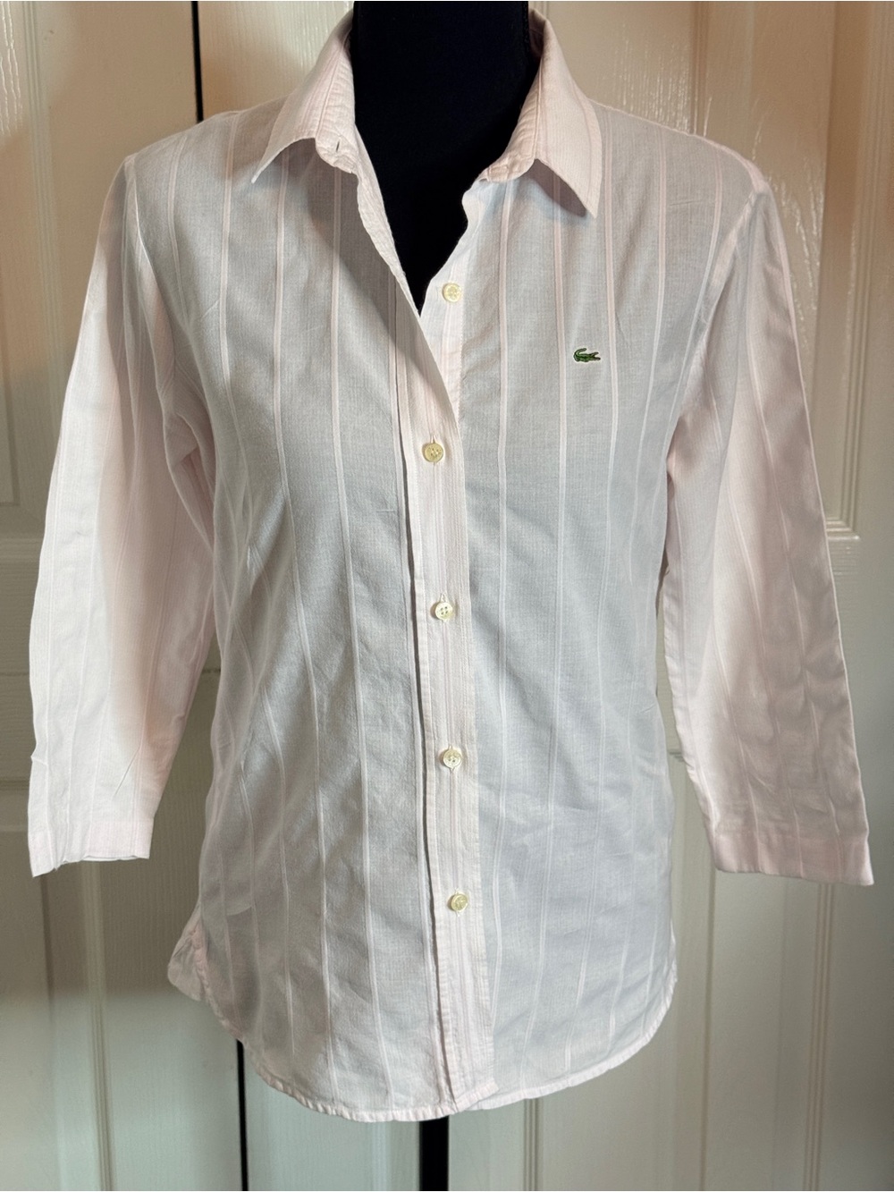 Vintage Lacoste Pale Pink Stripe Button Down Blouse 3 quarter sleeves 40 Medium